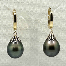 Load image into Gallery viewer, 14k Yellow Gold Flower Petal Black Tahitian Pearl Dangle Earrings