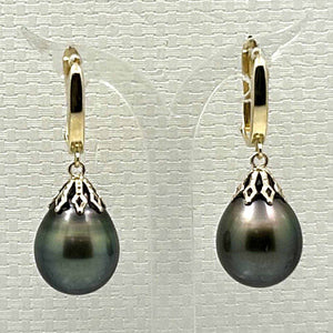 14k Yellow Gold Flower Petal Black Tahitian Pearl Dangle Earrings