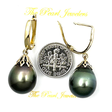 14k Yellow Gold Flower Petal Black Tahitian Pearl Dangle Earrings