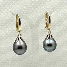Load image into Gallery viewer, 14k Yellow Gold Flower Petal Tahitian Pearl Dangle Earrings