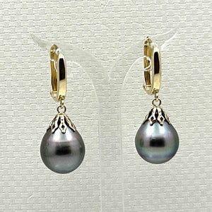 14k Yellow Gold Flower Petal Tahitian Pearl Dangle Earrings