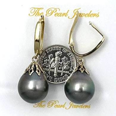 14k Yellow Gold Flower Petal Tahitian Pearl Dangle Earrings