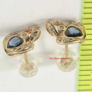 14k Yellow Gold Genuine Heart Shape Blue Sapphire & Diamond Stud Earrings