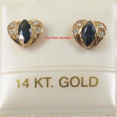 14k Yellow Gold Genuine Marquise Shape Blue Sapphire & Diamond Stud Earrings