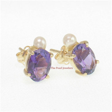 14k Yellow Gold Genuine Oval Purple Amethyst & Cultured Pearl Stud Earrings