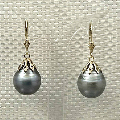 14k Yellow Gold Grey Baroque Tahitian Pearl Leverback Dangle Earrings