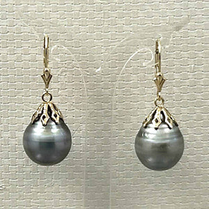 14k Yellow Gold Grey Baroque Tahitian Pearl Leverback Dangle Earrings