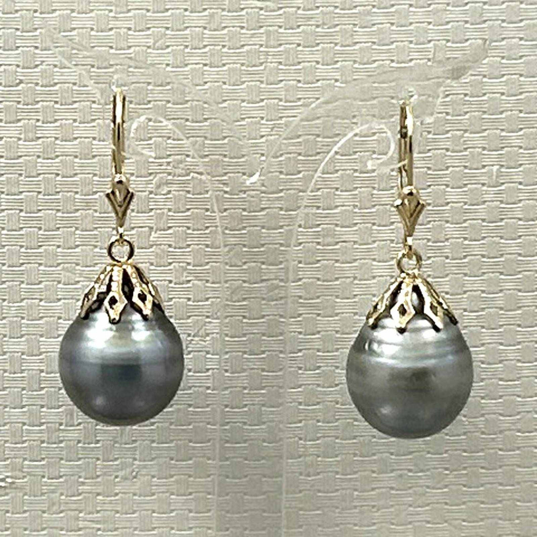 14k Yellow Gold Grey Baroque Tahitian Pearl Leverback Dangle Earrings