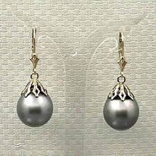 Load image into Gallery viewer, 14k Yellow Gold Grey Baroque Tahitian Pearl Leverback Dangle Earrings