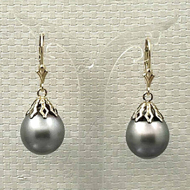 14k Yellow Gold Grey Baroque Tahitian Pearl Leverback Dangle Earrings