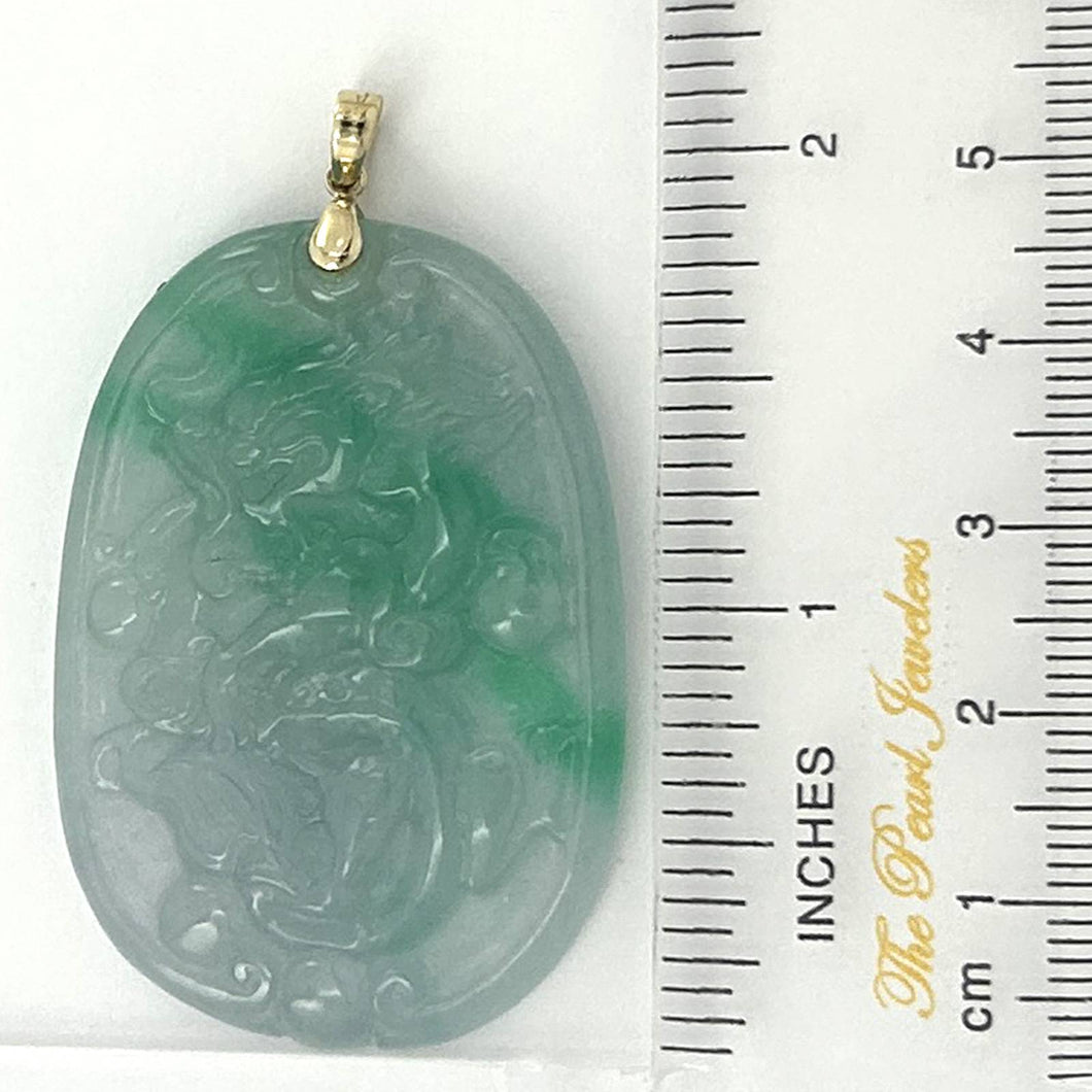 14k Yellow Gold Hand Carved Dragon Celadon Green Jade Beautify Pendant Necklace