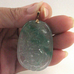 14k Yellow Gold Hand Carved Dragon Celadon Green Jade Beautify Pendant Necklace