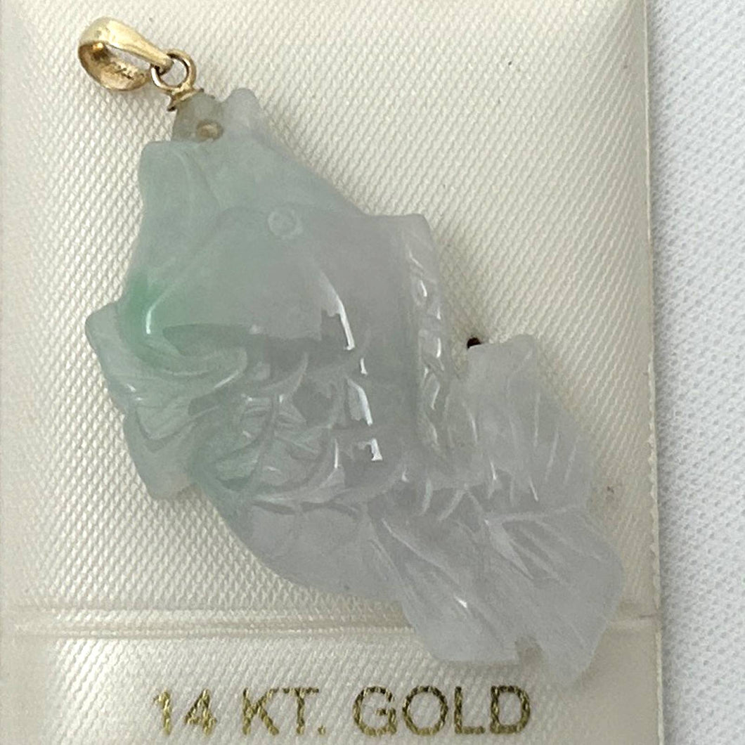 14k Solid Yellow Gold Hand Carved Feng Shui Koi Fish Jadeite Pendant Necklace