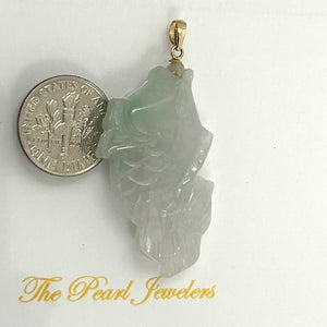 14k Solid Yellow Gold Hand Carved Feng Shui Koi Fish Jadeite Pendant Necklace
