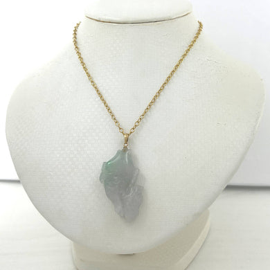 14k Solid Yellow Gold Hand Carved Feng Shui Koi Fish Jadeite Pendant Necklace
