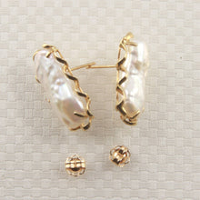 Load image into Gallery viewer, 14k Yellow Gold Handcrafted Wave &amp; White Biwa Pearl Stud Earrings