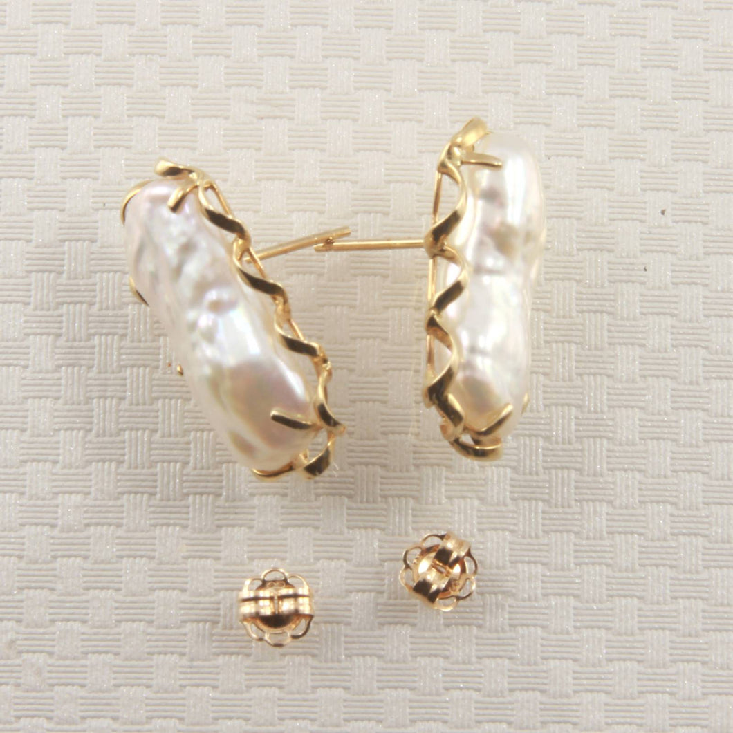 14k Yellow Gold Handcrafted Wave & White Biwa Pearl Stud Earrings