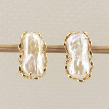 Load image into Gallery viewer, 14k Yellow Gold Handcrafted Wave &amp; White Biwa Pearl Stud Earrings