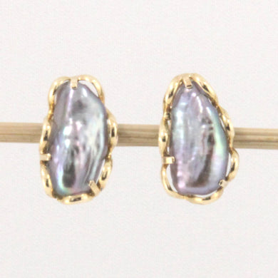 14k Yellow Gold Handcrafted Wave & Black Biwa Pearl Stud Earrings