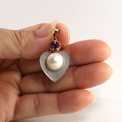14K Yellow Gold Heart Mother of Pearl & Amethyst Pendant
