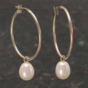 14k Yellow Gold Hoop & White Pearl Dangles