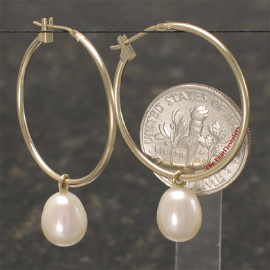 14k Yellow Gold Hoop & White Pearl Dangles