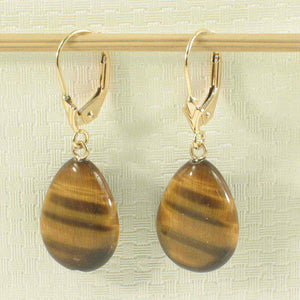 14k Yellow Solid Gold Lever Back Genuine Brown Tiger-Eye Dangle Earrings