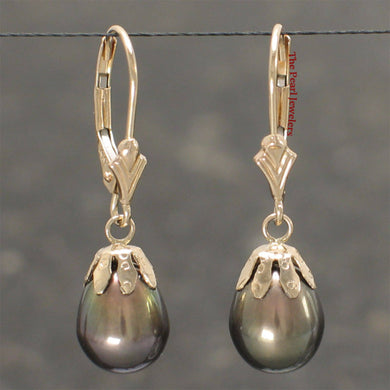 14k Yellow Gold Leverback Cups Black Pearl Dangle Earrings