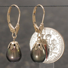 Load image into Gallery viewer, 14k Yellow Gold Leverback Cups Black Pearl Dangle Earrings