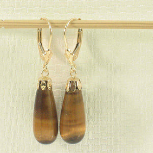 14k Yellow Gold Lever Back Cups Genuine Brown Tiger-Eye Dangle Earrings