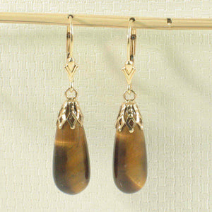 14kt Yellow Gold Lever Back Cups Genuine Brown Tiger-Eye Dangle Earrings