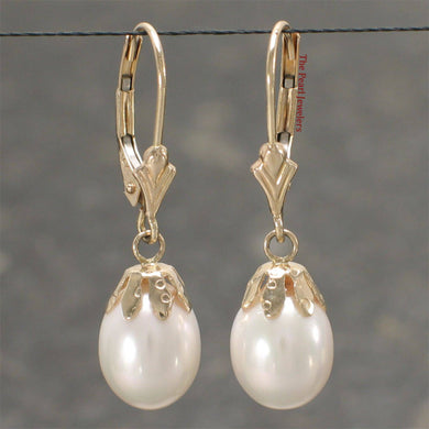14k Yellow Gold Leverback Cups Genuine White Pearl Dangle Earrings
