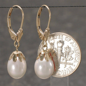 14k Yellow Gold Leverback Cups Genuine White Pearl Dangle Earrings