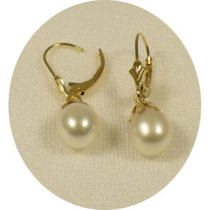 14k Yellow Gold Leverback Cups Genuine White Pearl Dangle Earrings