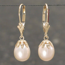 Load image into Gallery viewer, 14k Yellow Gold Leverback Cups Peach Pearl Dangle Earrings