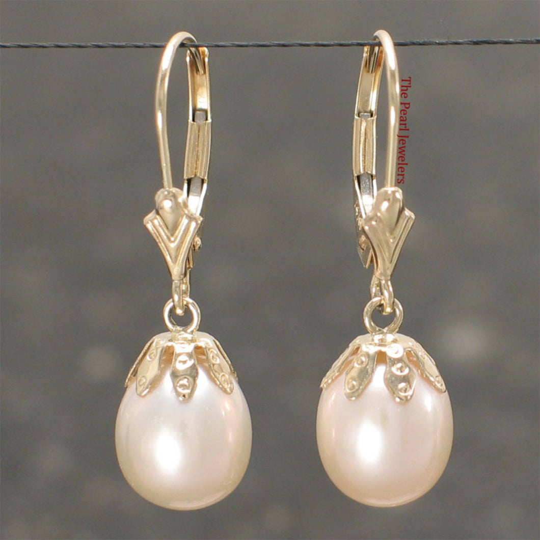 14k Yellow Gold Leverback Cups Peach Pearl Dangle Earrings