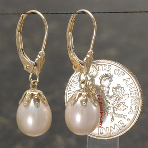 14k Yellow Gold Leverback Cups Peach Pearl Dangle Earrings