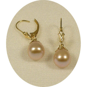 14k Yellow Gold Leverback Cups Peach Pearl Dangle Earrings