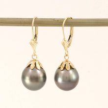 Load image into Gallery viewer, 14k Yellow Gold Leverback &amp; Flower Cap Baroque Black Tahitian Pearl Earrings