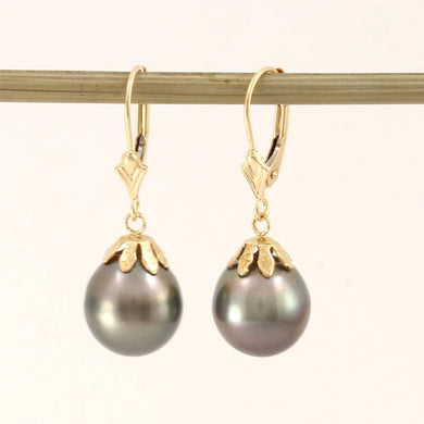14k Yellow Gold Leverback & Flower Cap Baroque Black Tahitian Pearl Earrings
