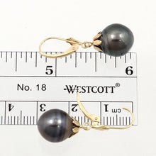 Load image into Gallery viewer, 14k Yellow Gold Leverback &amp; Flower Cap Black Tahitian Pearl Dangle Earrings