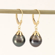 Load image into Gallery viewer, 14k Yellow Gold Leverback &amp; Flower Cap Black Tahitian Pearl Dangle Earrings