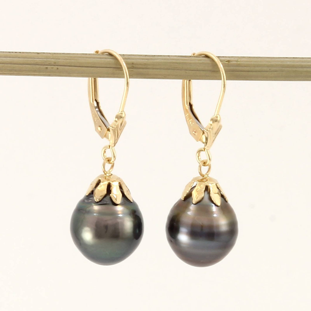 14k Yellow Gold Leverback & Flower Cap Black Tahitian Pearl Dangle Earrings