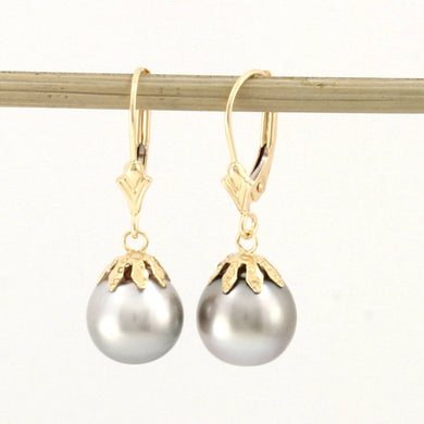 14k Yellow Gold Leverback & Flower Cap Tahitian Pearl Dangle Earrings