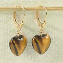 Load image into Gallery viewer, 14k Solid Gold Leverback Heart Genuine Brown Tiger-Eye Dangle Earrings