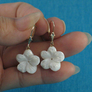 14k Yellow Gold Leverback Mother-of-Pearl Plumeria Earrings