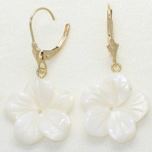 14k Yellow Gold Leverback Mother-of-Pearl Plumeria Earrings