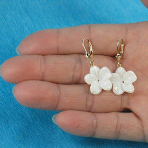 14k Yellow Gold Leverback Mother-of-Pearl Plumeria Earrings