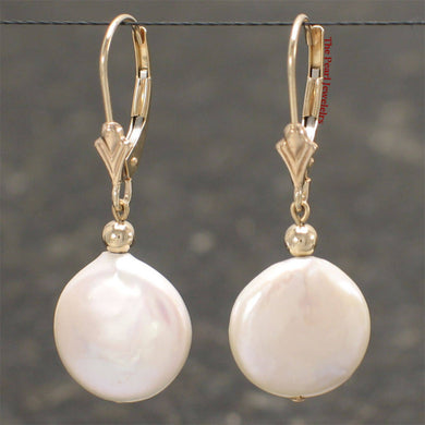 14k Yellow Gold Leverback White Coin Cultured Pearl Dangle Earrings