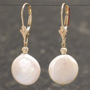 14k Yellow Gold Leverback White Coin Cultured Pearl Dangle Earrings